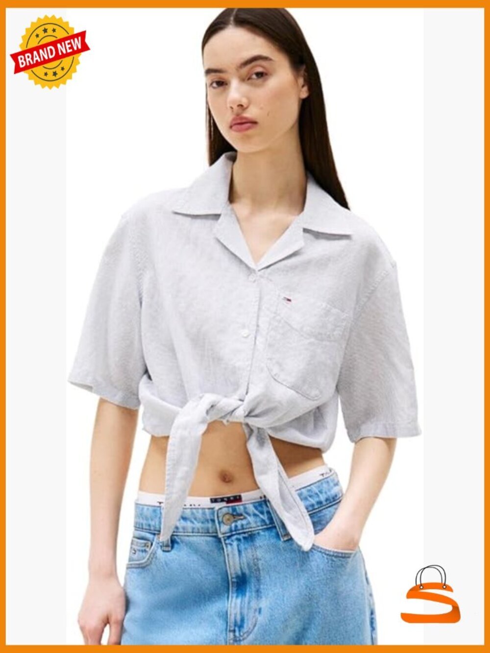 Crop Linen Button Down Shirt with Front Tie Detail